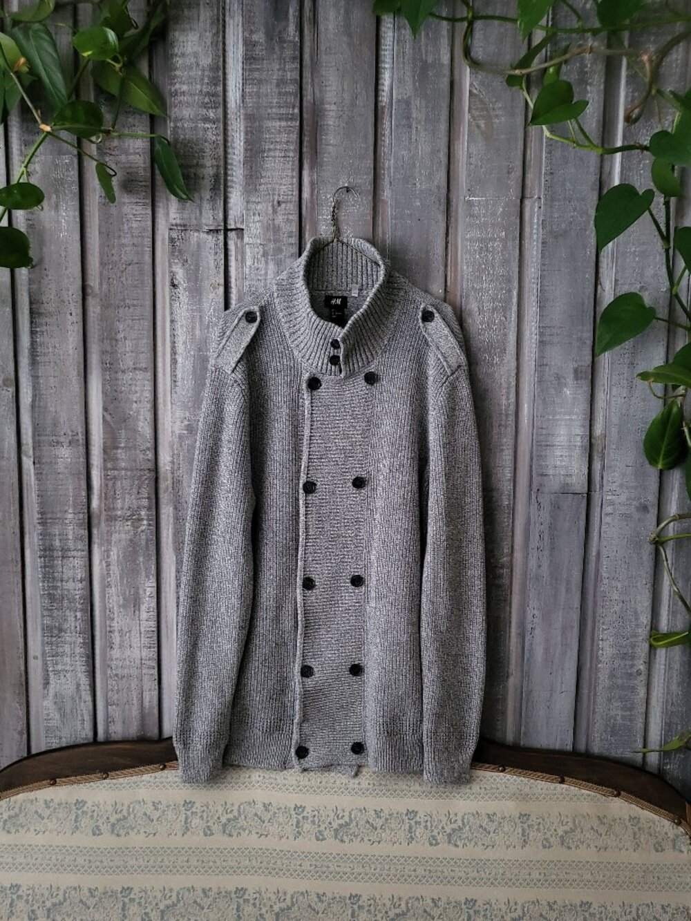 H&M Men Mock Neck Double Breasted Cardigan Grey Cotton Knit Sweater Size L NWOT